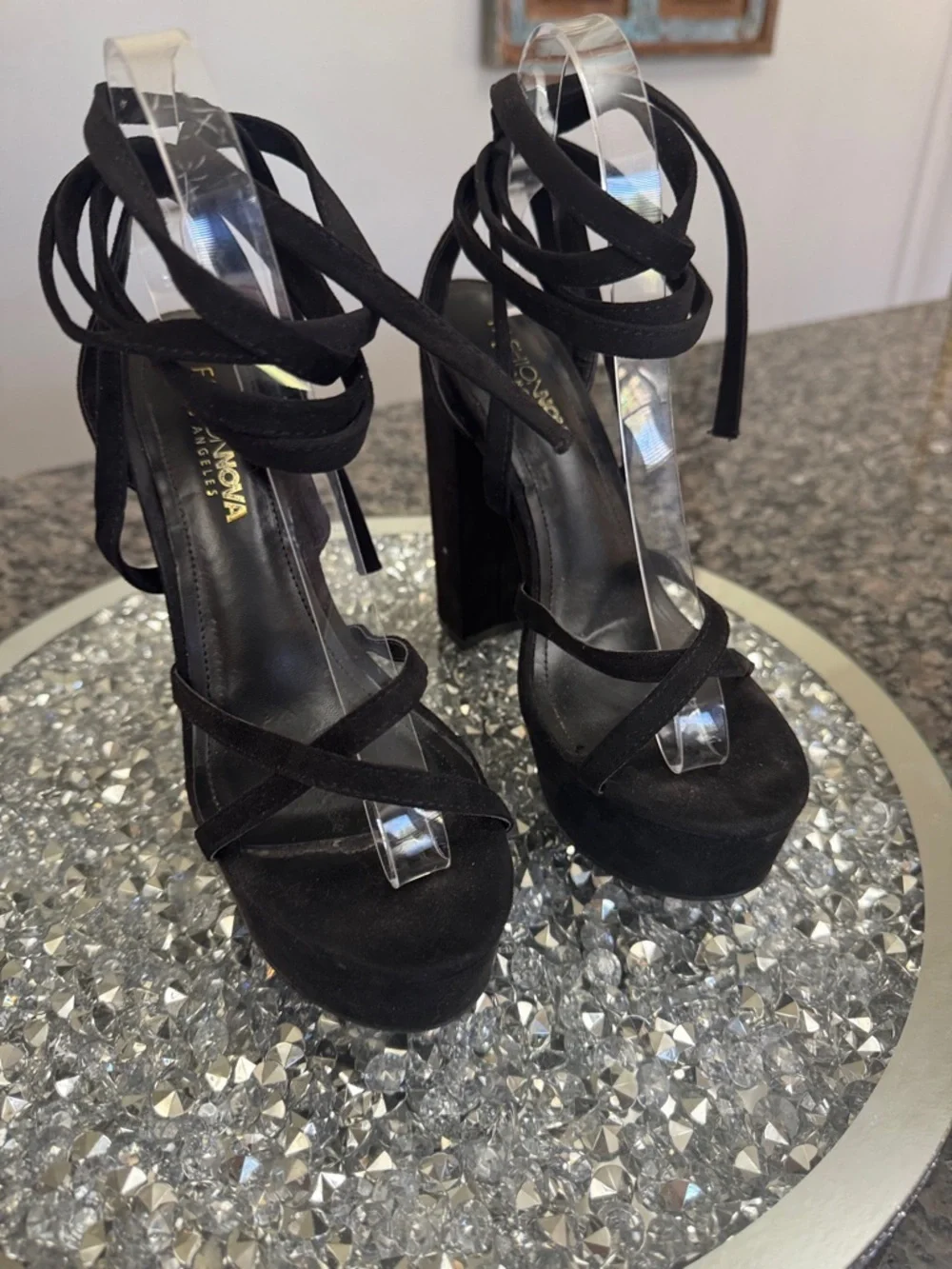 Fashion Nova Black Strappy Lace around ankle Platform Heels